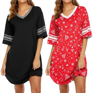 image:imageEkouaer Nightgowns for Women 2 Pack Sleepshirts Short Sleeve Nightshirt V Neck Sleepwear Casual Pajama DressBlackChristmas Red