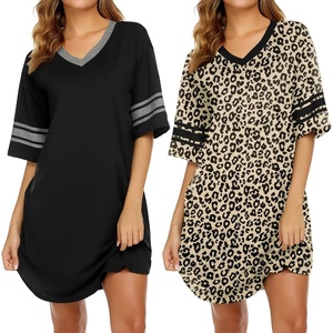 image:imageEkouaer Nightgowns for Women 2 Pack Sleepshirts Short Sleeve Nightshirt V Neck Sleepwear Casual Pajama DressBlackLeopard