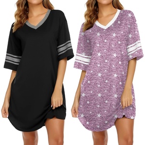 image:imageEkouaer Nightgowns for Women 2 Pack Sleepshirts Short Sleeve Nightshirt V Neck Sleepwear Casual Pajama DressBlackStar Purple