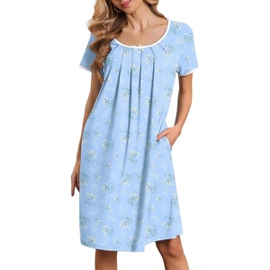 image:imageEkouaer Nightgowns for Women Short Sleeve Moo Moos Ladies House Dress with Pockets Pleated Sleepshirts Soft SleepwearBlue Flowers
