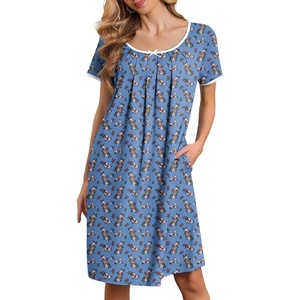 image:imageEkouaer Nightgowns for Women Short Sleeve Moo Moos Ladies House Dress with Pockets Pleated Sleepshirts Soft SleepwearBlue White  Red Florals
