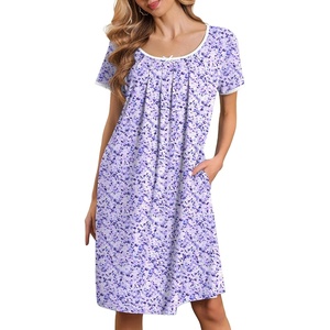 image:imageEkouaer Nightgowns for Women Short Sleeve Moo Moos Ladies House Dress with Pockets Pleated Sleepshirts Soft SleepwearBlue White Polka Dots
