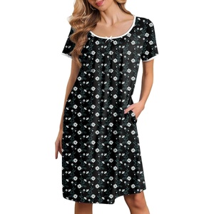 image:imageEkouaer Nightgowns for Women Short Sleeve Moo Moos Ladies House Dress with Pockets Pleated Sleepshirts Soft SleepwearGreen White Print