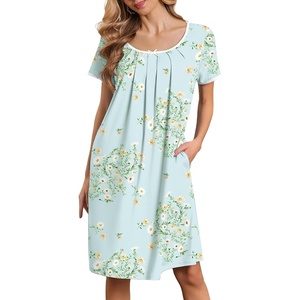 image:imageEkouaer Nightgowns for Women Short Sleeve Moo Moos Ladies House Dress with Pockets Pleated Sleepshirts Soft SleepwearLight Green Daisy