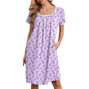 image:imageEkouaer Nightgowns for Women Short Sleeve Moo Moos Ladies House Dress with Pockets Pleated Sleepshirts Soft SleepwearLight Purple Florals