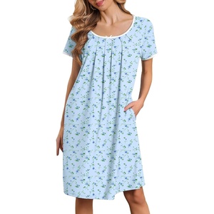 image:imageEkouaer Nightgowns for Women Short Sleeve Moo Moos Ladies House Dress with Pockets Pleated Sleepshirts Soft SleepwearLightblue Floral