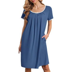 image:imageEkouaer Nightgowns for Women Short Sleeve Moo Moos Ladies House Dress with Pockets Pleated Sleepshirts Soft SleepwearNavy