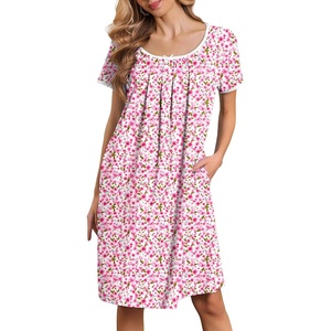 image:imageEkouaer Nightgowns for Women Short Sleeve Moo Moos Ladies House Dress with Pockets Pleated Sleepshirts Soft SleepwearPink Floral