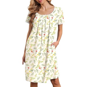 image:imageEkouaer Nightgowns for Women Short Sleeve Moo Moos Ladies House Dress with Pockets Pleated Sleepshirts Soft SleepwearYellow Green Leaves