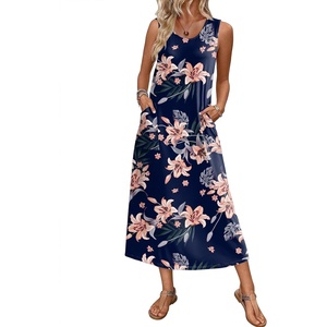 image:imageEkouaer Nightgowns for Women Sleeveless Sleepshirt Long Print House Dress Tank Nightshirt Maxi Casual Dress with PocketsNavy Blue Orange Flower