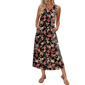 image:imageEkouaer Nightgowns for Women Sleeveless Sleepshirt Long Print House Dress Tank Nightshirt Maxi Casual Dress with PocketsRed Black Flower