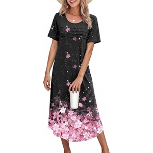 image:imageEkouaer Nightgowns for Women Long Night Gown Pleated Moo Moos Short Sleeve House Dress Plus Size Lounge Dress S5XLBlack Sakura