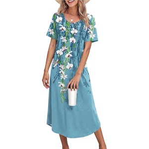 image:imageEkouaer Nightgowns for Women Long Night Gown Pleated Moo Moos Short Sleeve House Dress Plus Size Lounge Dress S5XLBlue Floral