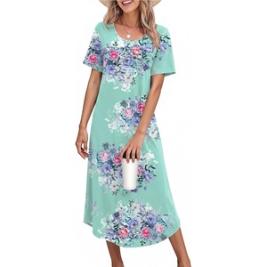 image:imageEkouaer Nightgowns for Women Long Night Gown Pleated Moo Moos Short Sleeve House Dress Plus Size Lounge Dress S5XLBlue Flower