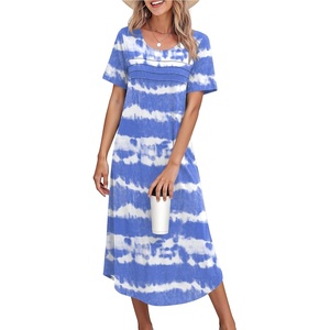 image:imageEkouaer Nightgowns for Women Long Night Gown Pleated Moo Moos Short Sleeve House Dress Plus Size Lounge Dress S5XLWhite Blue Striped