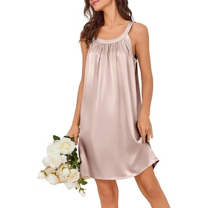 image:imageEkouaer Silky Satin Nightgown for Women Sleeveless Sleepwear Tank O Neck Night Shirts Pleated Sleepshirt Casual Dress S3XLChampagne