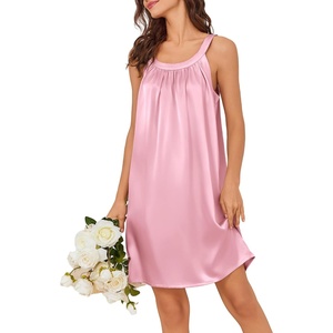 image:imageEkouaer Silky Satin Nightgown for Women Sleeveless Sleepwear Tank O Neck Night Shirts Pleated Sleepshirt Casual Dress S3XLLight Pink