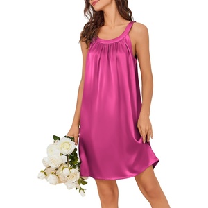 image:imageEkouaer Silky Satin Nightgown for Women Sleeveless Sleepwear Tank O Neck Night Shirts Pleated Sleepshirt Casual Dress S3XLRose Red