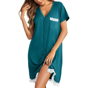 image:imageEkouaer Women Striped Nightgowns Button Down Sleepshirts Short Sleeves NightshirtsBlue Green