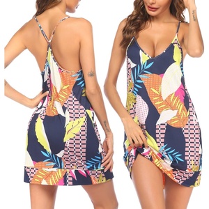 image:imageEkouaer Womens V Neck Racerback Sleeveless NightgownNavy Leaves