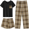 image:imageEkouaer Womens 3 Piece Pajama Set Short Sleeve Sleepwear Pj Set Top and Shorts Pants Pjs with PocketsBrown Plaid