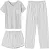 image:imageEkouaer Womens 3 Piece Pajama Set Short Sleeve Sleepwear Pj Set Top and Shorts Pants Pjs with PocketsGray Stripe