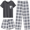 image:imageEkouaer Womens 3 Piece Pajama Set Short Sleeve Sleepwear Pj Set Top and Shorts Pants Pjs with PocketsLight Gray Plaid