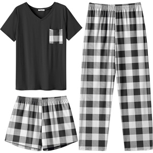 image:imageEkouaer Womens 3 Piece Pajama Set Short Sleeve Sleepwear Pj Set Top and Shorts Pants Pjs with PocketsBlack White Plaid
