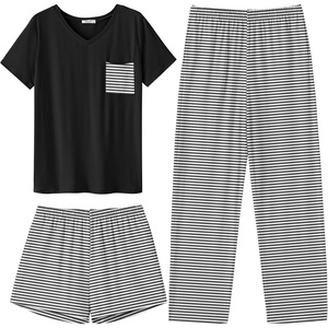 image:imageEkouaer Womens 3 Piece Pajama Set Short Sleeve Sleepwear Pj Set Top and Shorts Pants Pjs with PocketsBlack White Stripe