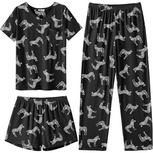 image:imageEkouaer Womens 3 Piece Pajama Set Short Sleeve Sleepwear Pj Set Top and Shorts Pants Pjs with PocketsBlack Zebra