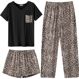 image:imageEkouaer Womens 3 Piece Pajama Set Short Sleeve Sleepwear Pj Set Top and Shorts Pants Pjs with PocketsBrown Leopard