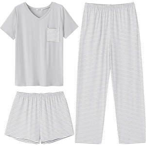 image:imageEkouaer Womens 3 Piece Pajama Set Short Sleeve Sleepwear Pj Set Top and Shorts Pants Pjs with PocketsGray Stripe