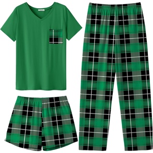 image:imageEkouaer Womens 3 Piece Pajama Set Short Sleeve Sleepwear Pj Set Top and Shorts Pants Pjs with PocketsGreen and Black Plaid