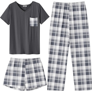 image:imageEkouaer Womens 3 Piece Pajama Set Short Sleeve Sleepwear Pj Set Top and Shorts Pants Pjs with PocketsLight Gray Plaid