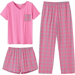 image:imageEkouaer Womens 3 Piece Pajama Set Short Sleeve Sleepwear Pj Set Top and Shorts Pants Pjs with PocketsPink Black Plaid