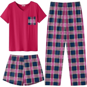 image:imageEkouaer Womens 3 Piece Pajama Set Short Sleeve Sleepwear Pj Set Top and Shorts Pants Pjs with PocketsPurple and Green Plaid