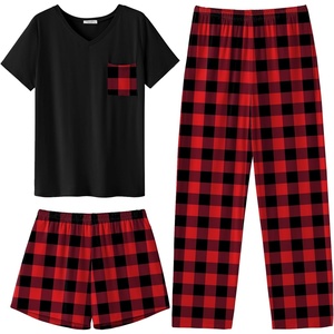 image:imageEkouaer Womens 3 Piece Pajama Set Short Sleeve Sleepwear Pj Set Top and Shorts Pants Pjs with PocketsRed and Black Plaid