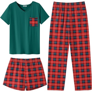 image:imageEkouaer Womens 3 Piece Pajama Set Short Sleeve Sleepwear Pj Set Top and Shorts Pants Pjs with PocketsRed and Green Plaid