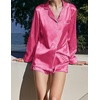 image:imageEkouaer Bridal Feather Pajamas Set Silk Satin Valentines Pj Sets Wedding Pjs Sleepwear with Removable Feather TrimRose Red