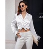 image:imageEkouaer Bridal Feather Pajamas Set Silk Satin Valentines Pj Sets Wedding Pjs Sleepwear with Removable Feather TrimWhite