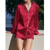 image:imageEkouaer Bridal Feather Pajamas Set Silk Satin Valentines Pj Sets Wedding Pjs Sleepwear with Removable Feather TrimWine Red