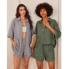 image:imageEkouaer Waffle Knit Lounge Sets for Women Short Sleeve Pajamas Button Down Pjs Oversized Loungewear Shorts SetArmy Green