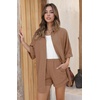 image:imageEkouaer Waffle Knit Lounge Sets for Women Short Sleeve Pajamas Button Down Pjs Oversized Loungewear Shorts SetBrown