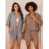 image:imageEkouaer Waffle Knit Lounge Sets for Women Short Sleeve Pajamas Button Down Pjs Oversized Loungewear Shorts SetBrown