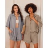 image:imageEkouaer Waffle Knit Lounge Sets for Women Short Sleeve Pajamas Button Down Pjs Oversized Loungewear Shorts SetKhaki