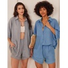 image:imageEkouaer Waffle Knit Lounge Sets for Women Short Sleeve Pajamas Button Down Pjs Oversized Loungewear Shorts SetLake Blue