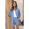 image:imageEkouaer Waffle Knit Lounge Sets for Women Short Sleeve Pajamas Button Down Pjs Oversized Loungewear Shorts SetLake Blue