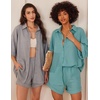 image:imageEkouaer Waffle Knit Lounge Sets for Women Short Sleeve Pajamas Button Down Pjs Oversized Loungewear Shorts SetMint Green