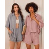image:imageEkouaer Waffle Knit Lounge Sets for Women Short Sleeve Pajamas Button Down Pjs Oversized Loungewear Shorts SetPink