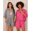 image:imageEkouaer Waffle Knit Lounge Sets for Women Short Sleeve Pajamas Button Down Pjs Oversized Loungewear Shorts SetRose Red